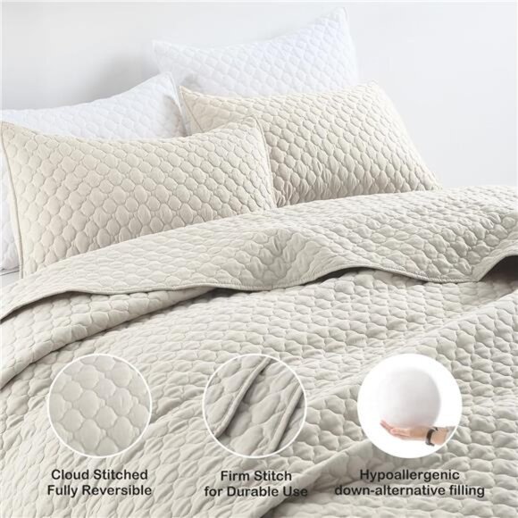 Quilt Set Queen Size Beige Bedspread, Modern Style Quilted Clouds Pattern Soft - Picture 4 of 8